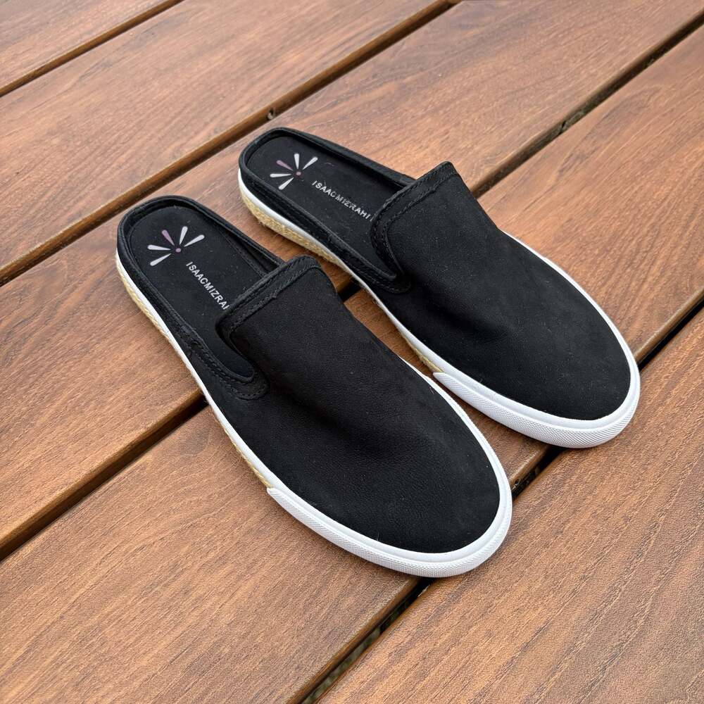 New ISAAC MIZRAHI LIVE! IMSLIDE Black Leather Slip-On Slide Sneakers Size 8.5M